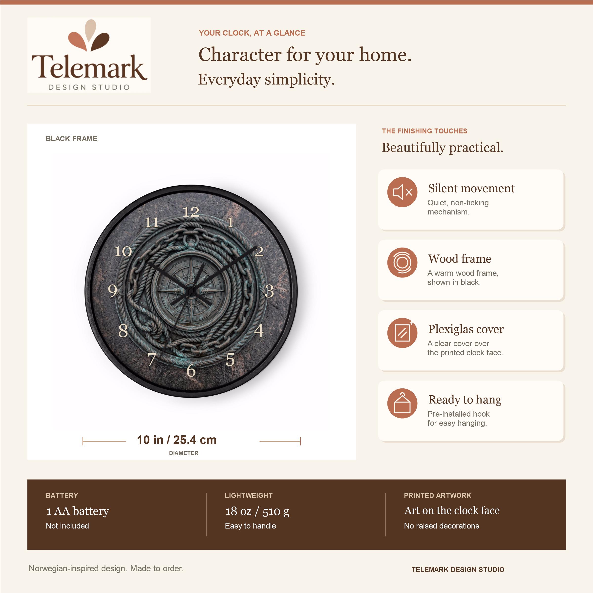 Norwegian Nautical Compass Rose — size, materials, battery and hanging information (English).
