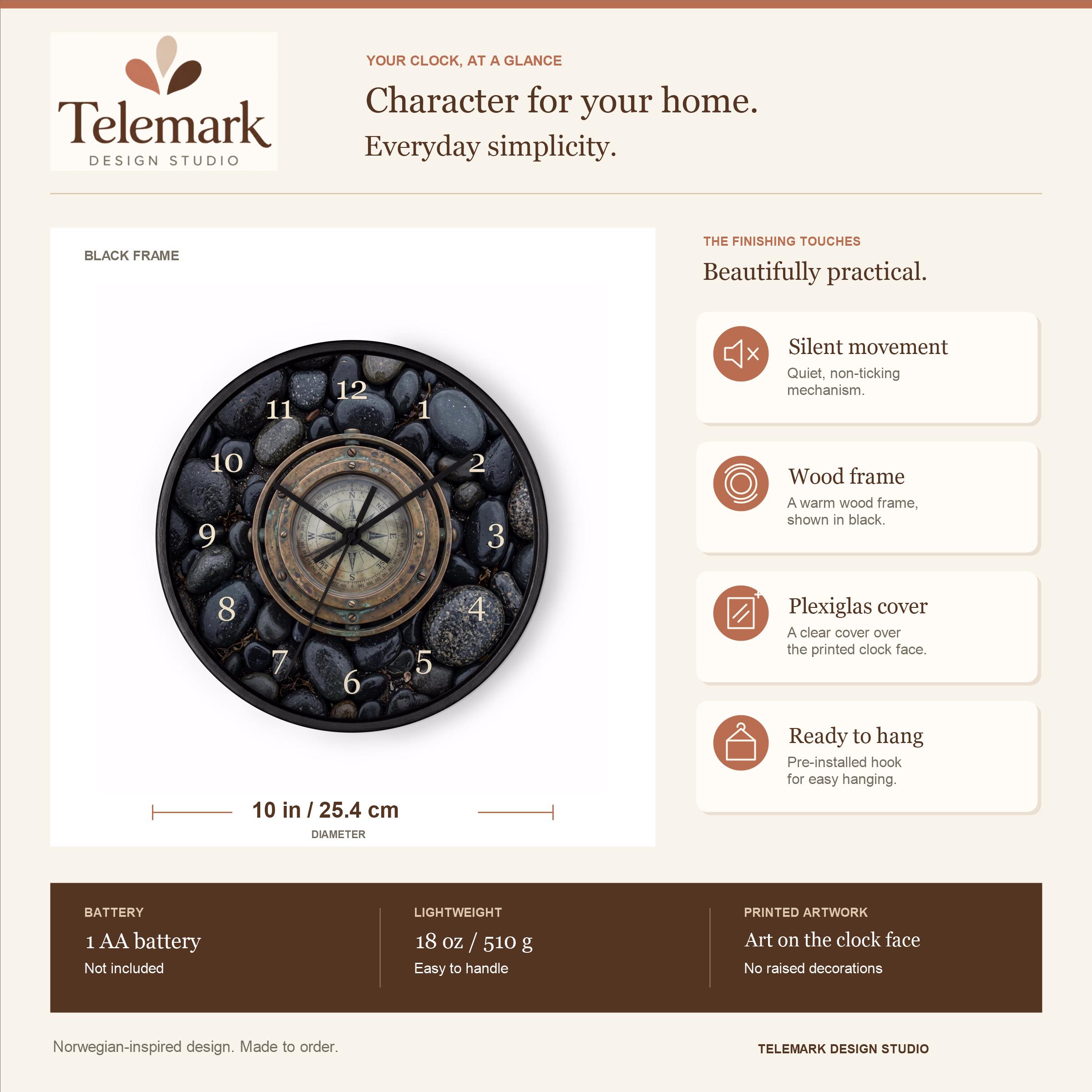 Norwegian Nautical Compass — size, materials, battery and hanging information (English).