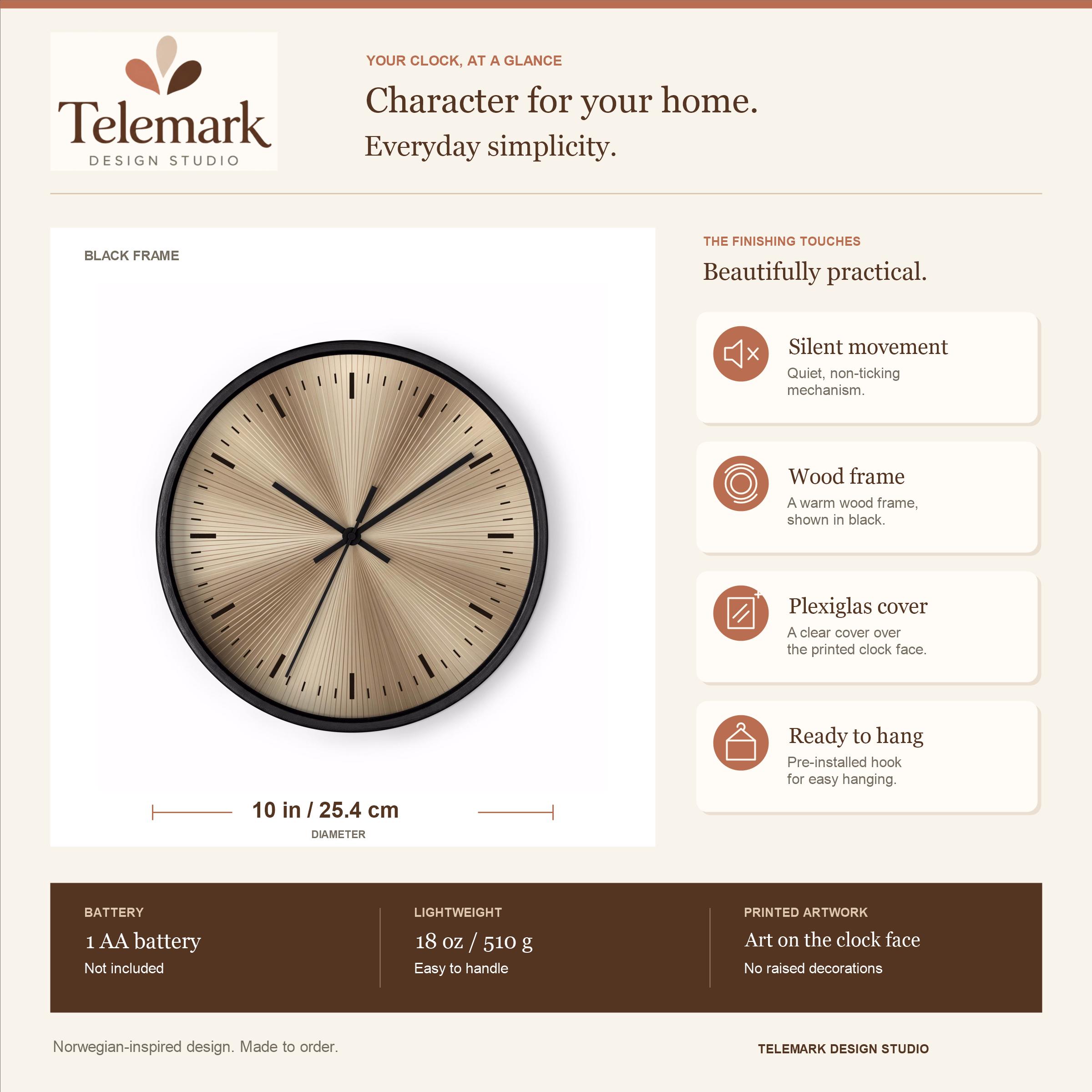 Gold Sunburst — size, materials, battery and hanging information (English).