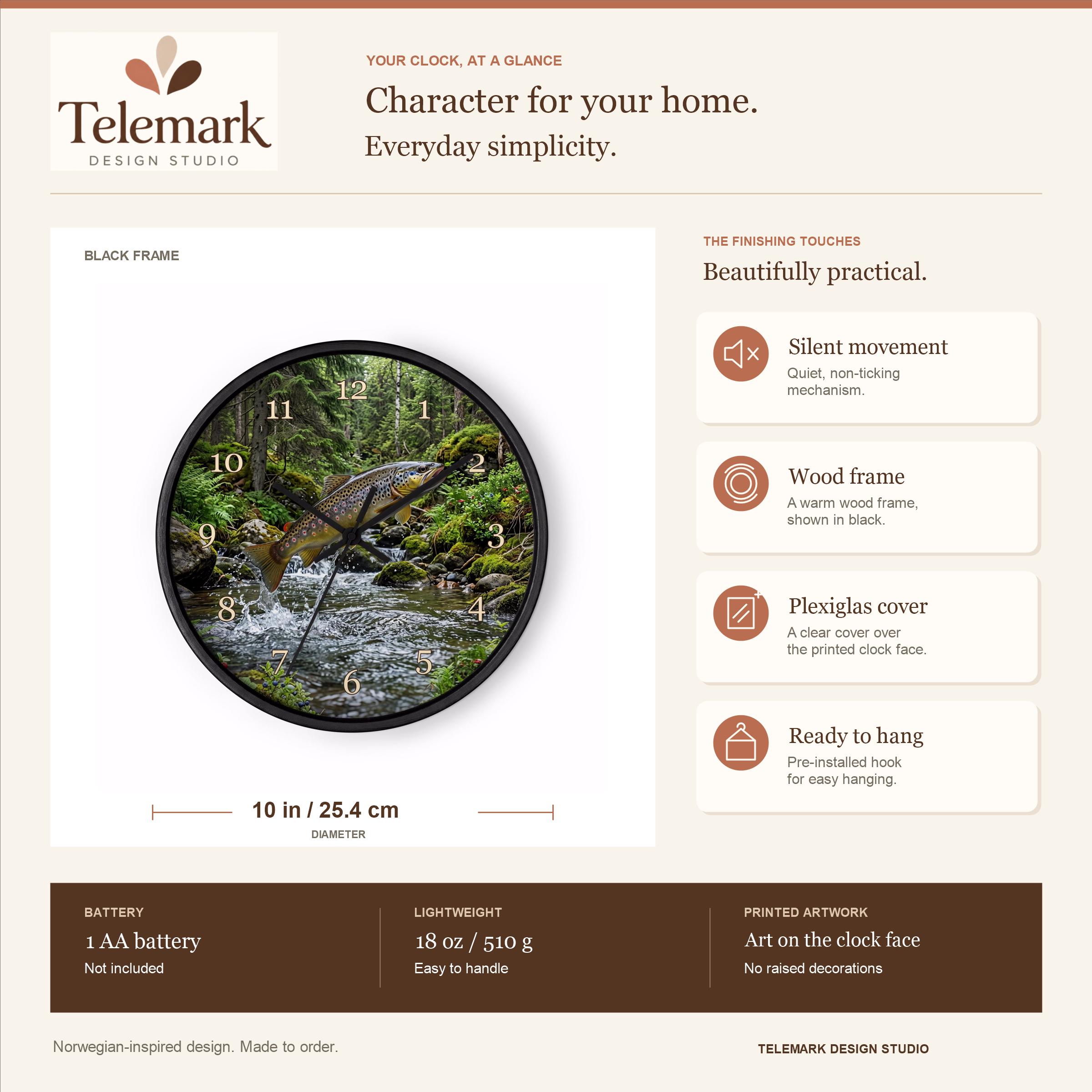 Norwegian Trout — size, materials, battery and hanging information (English).