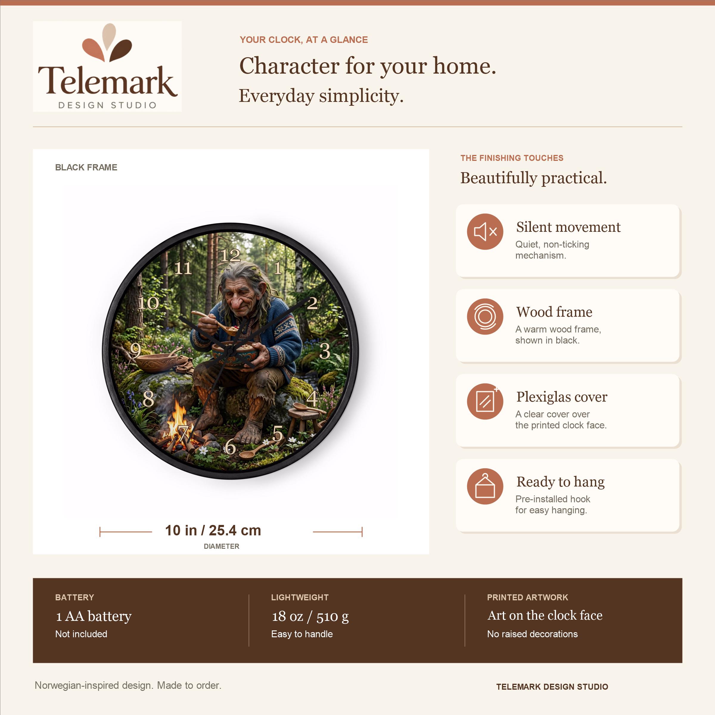 Norwegian Troll Grandfather — size, materials, battery and hanging information (English).