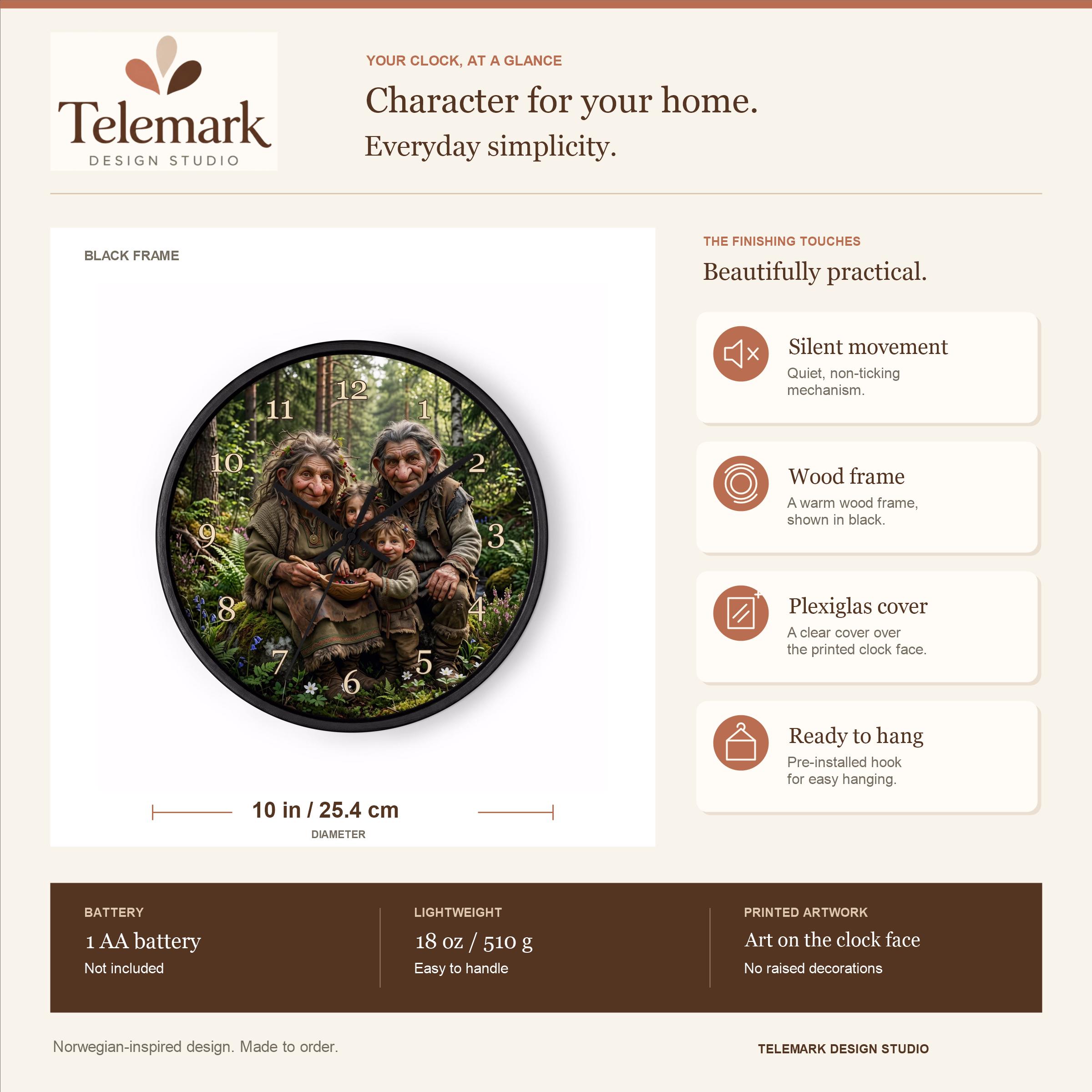 Norwegian Troll Family — size, materials, battery and hanging information (English).