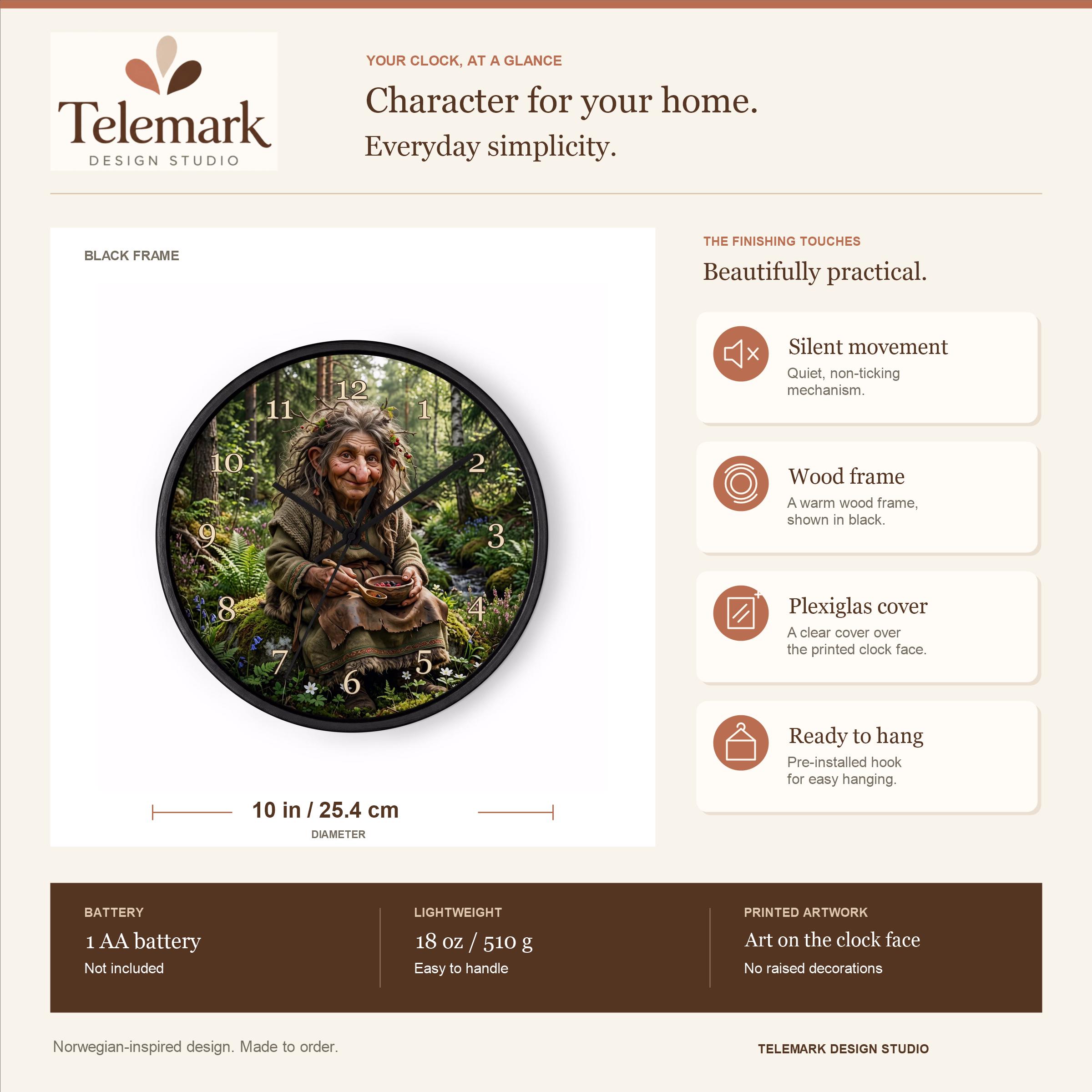 Norwegian Troll Grandmother — size, materials, battery and hanging information (English).