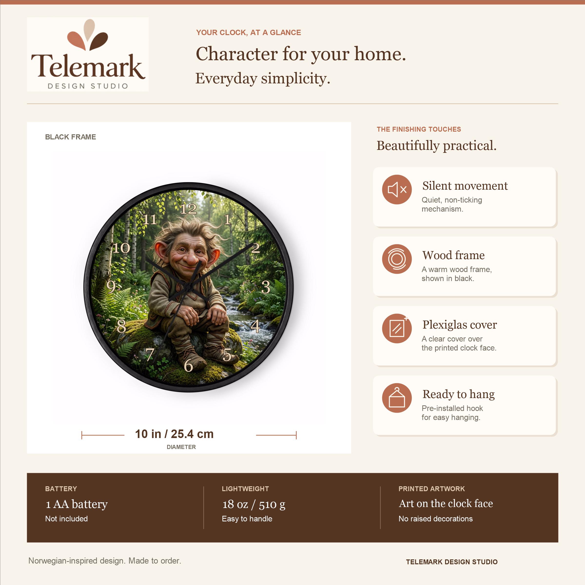 Norwegian Forest Troll — size, materials, battery and hanging information (English).