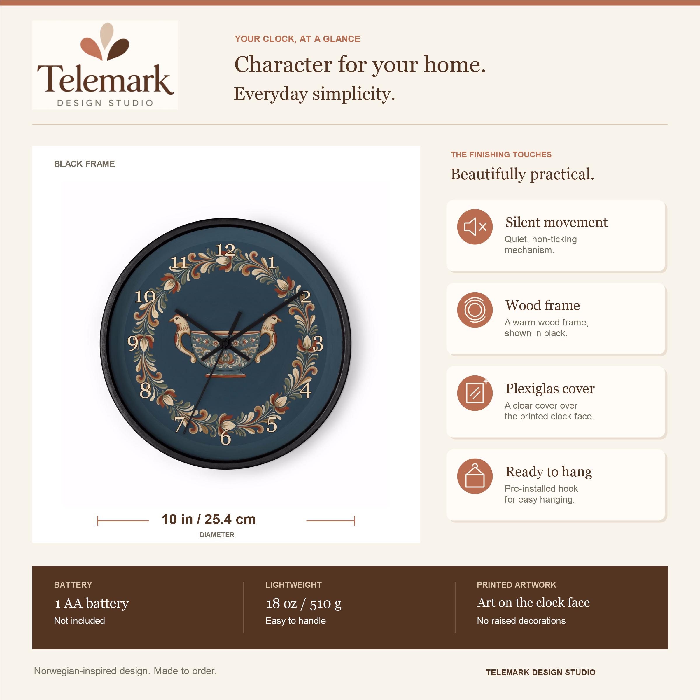 Norwegian Rosemaling - Bird Head Kjenge on Teal — size, materials, battery and hanging information (English).