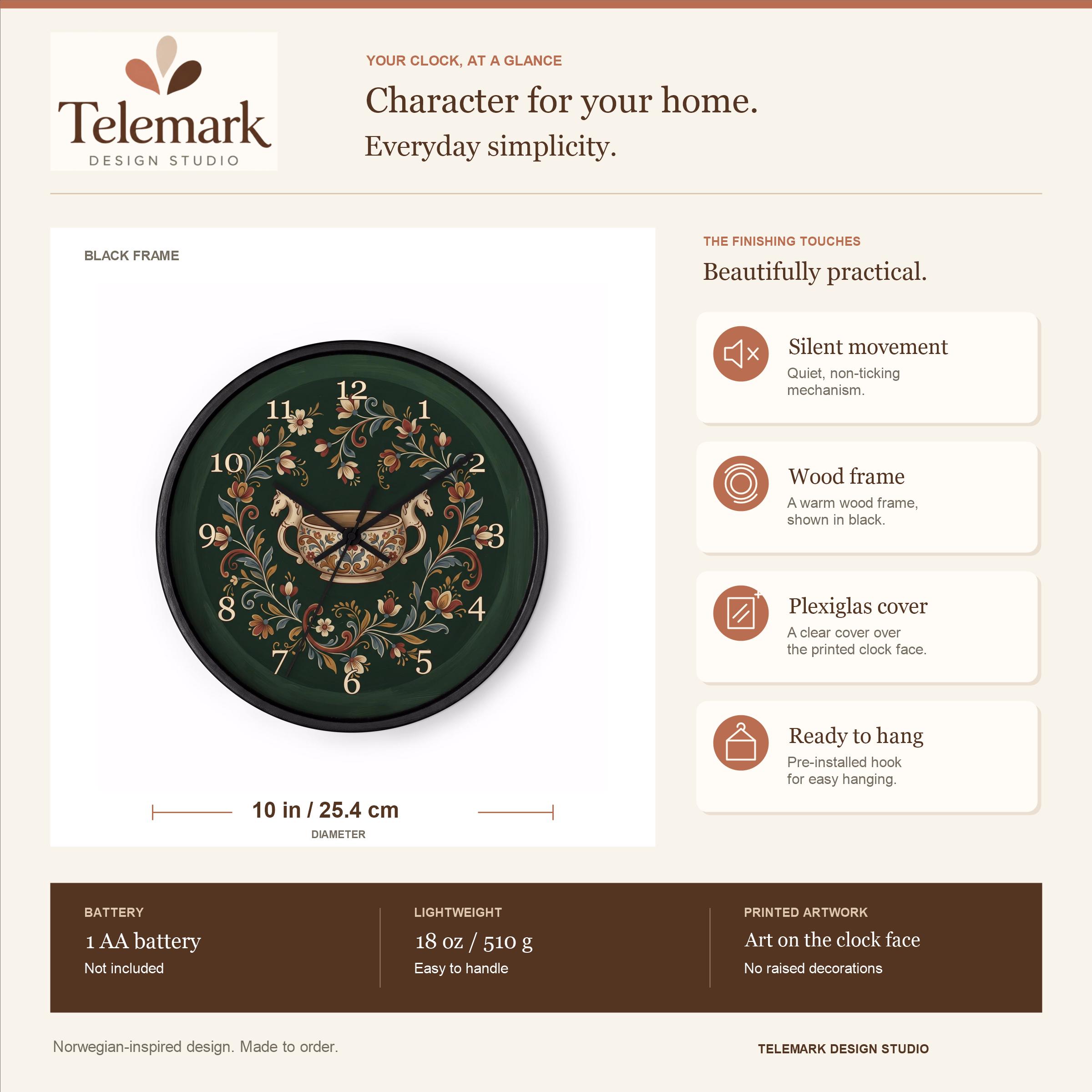 Norwegian Rosemaling - Horse Head Kjenge on Green — size, materials, battery and hanging information (English).
