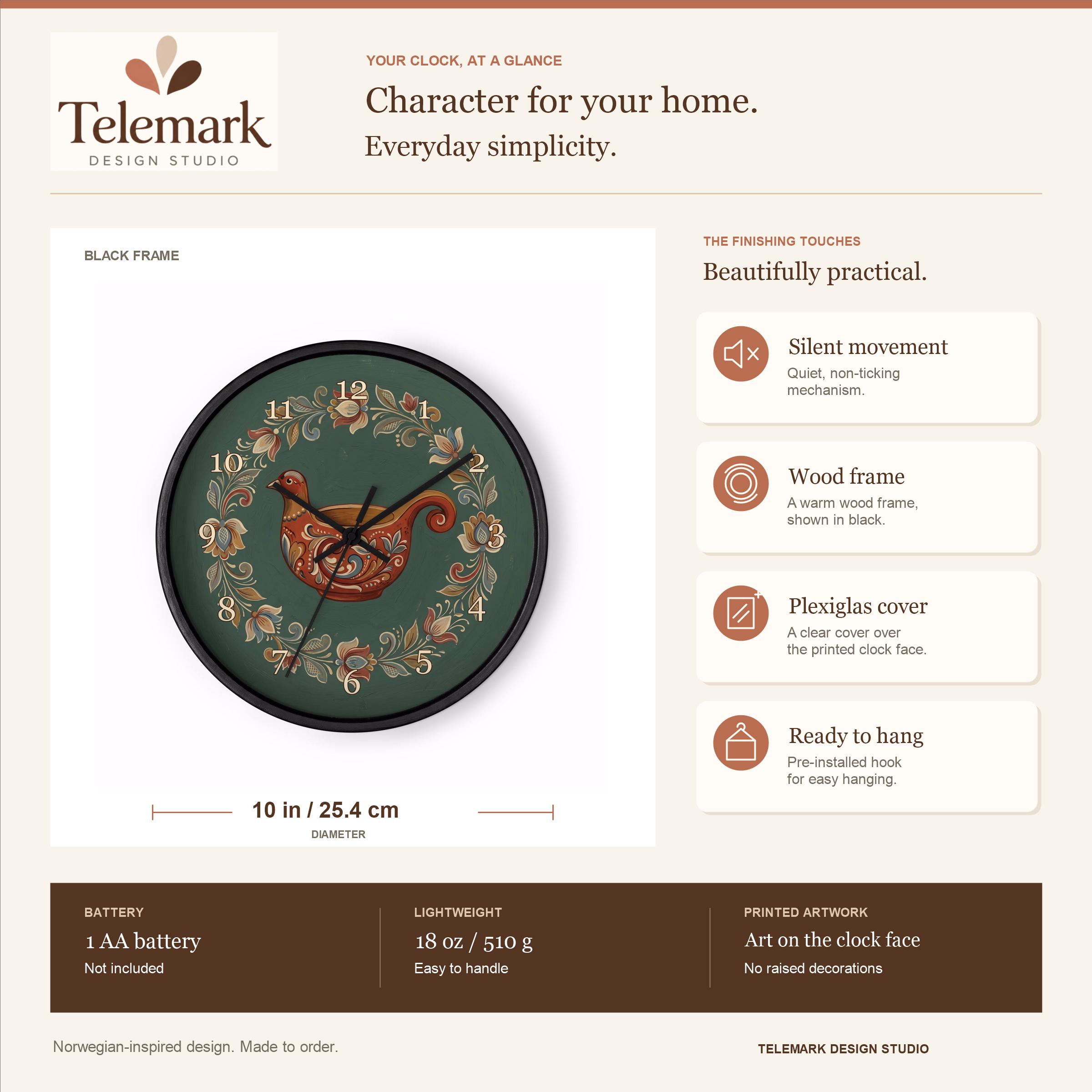 Norwegian Rosemaling - Bird Kjenge — size, materials, battery and hanging information (English).
