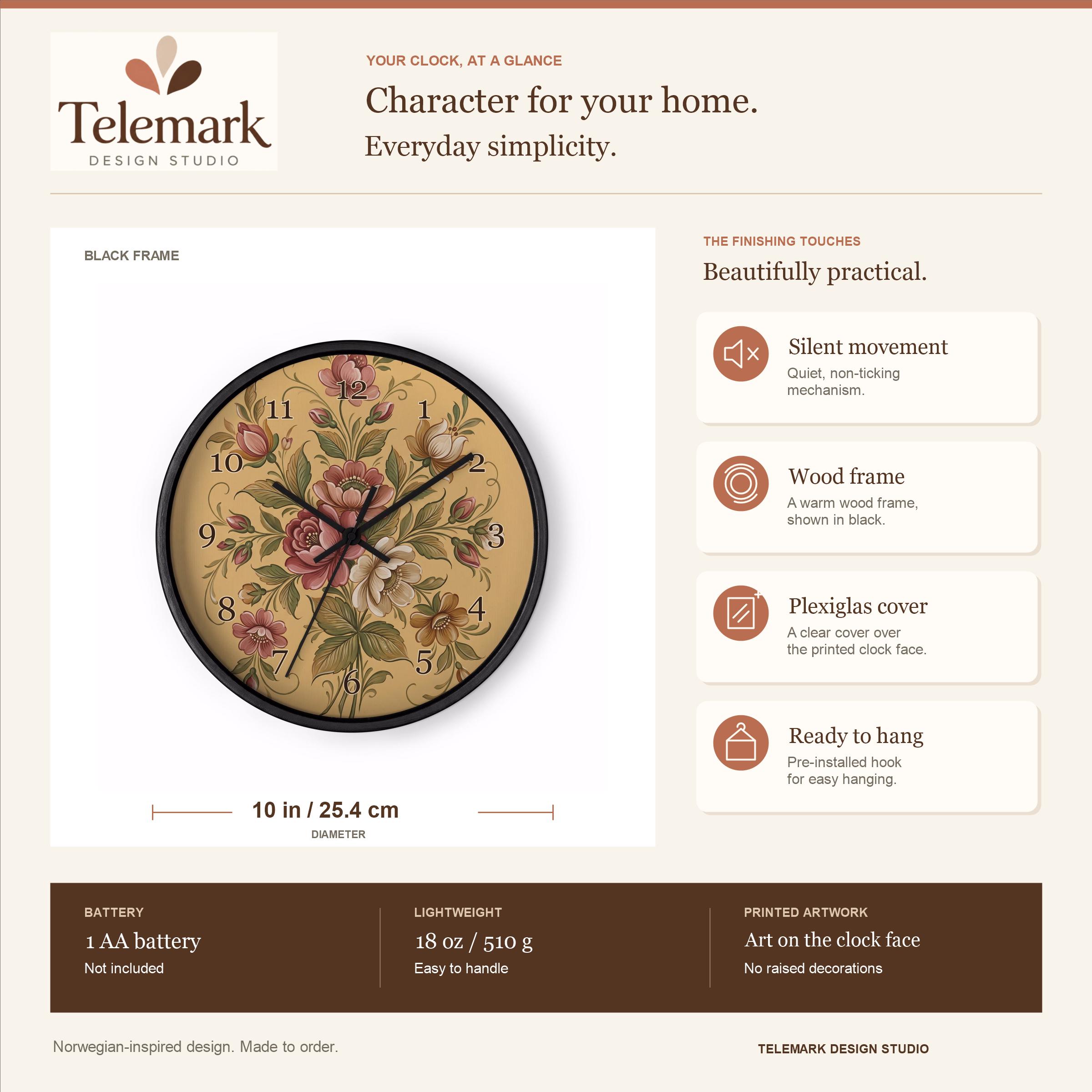 Norwegian Rosemaling - Floral Bouquet on Golden Ocher — size, materials, battery and hanging information (English).