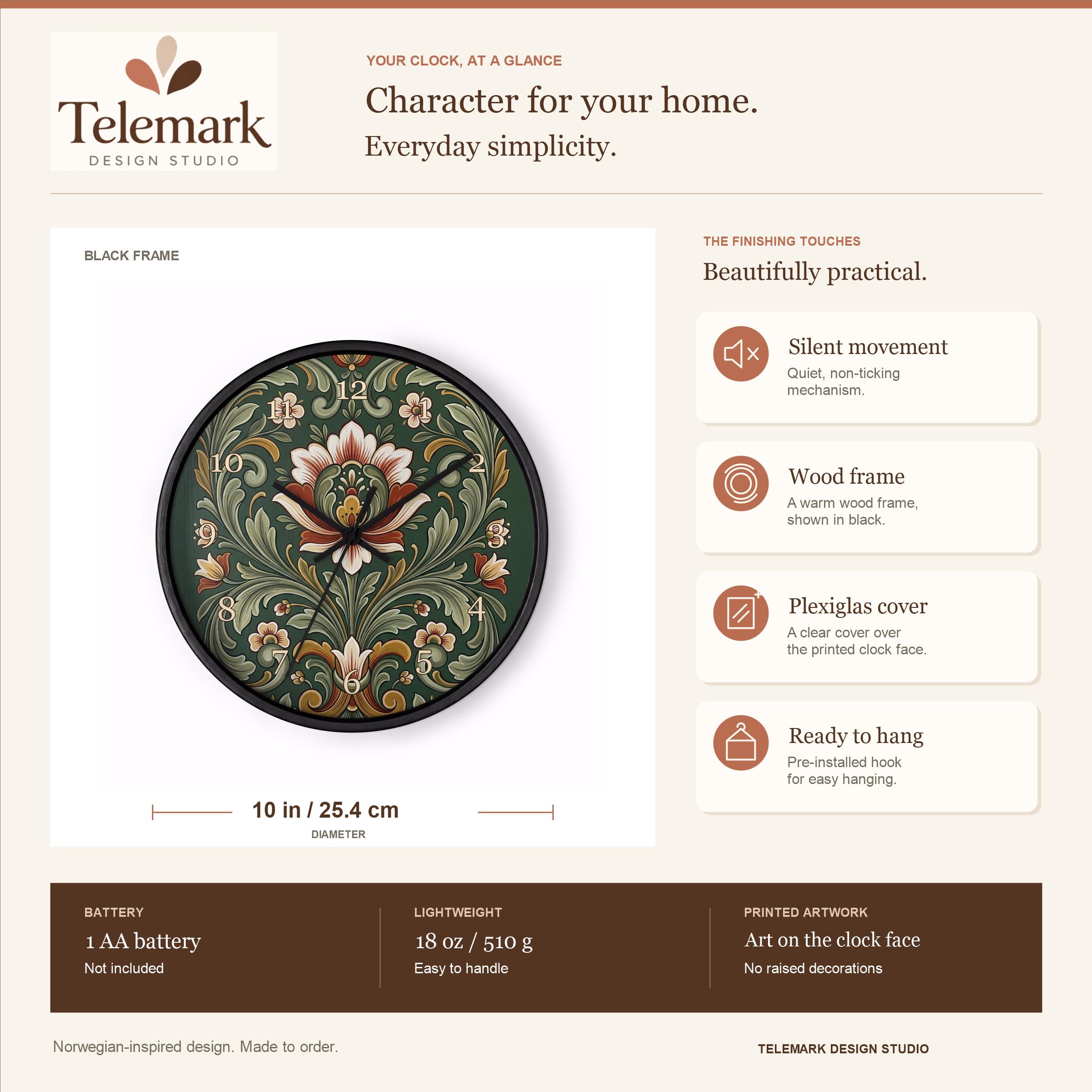 Norwegian Rosemaling - Green and Cream Floral Wall Art — size, materials, battery and hanging information (English).