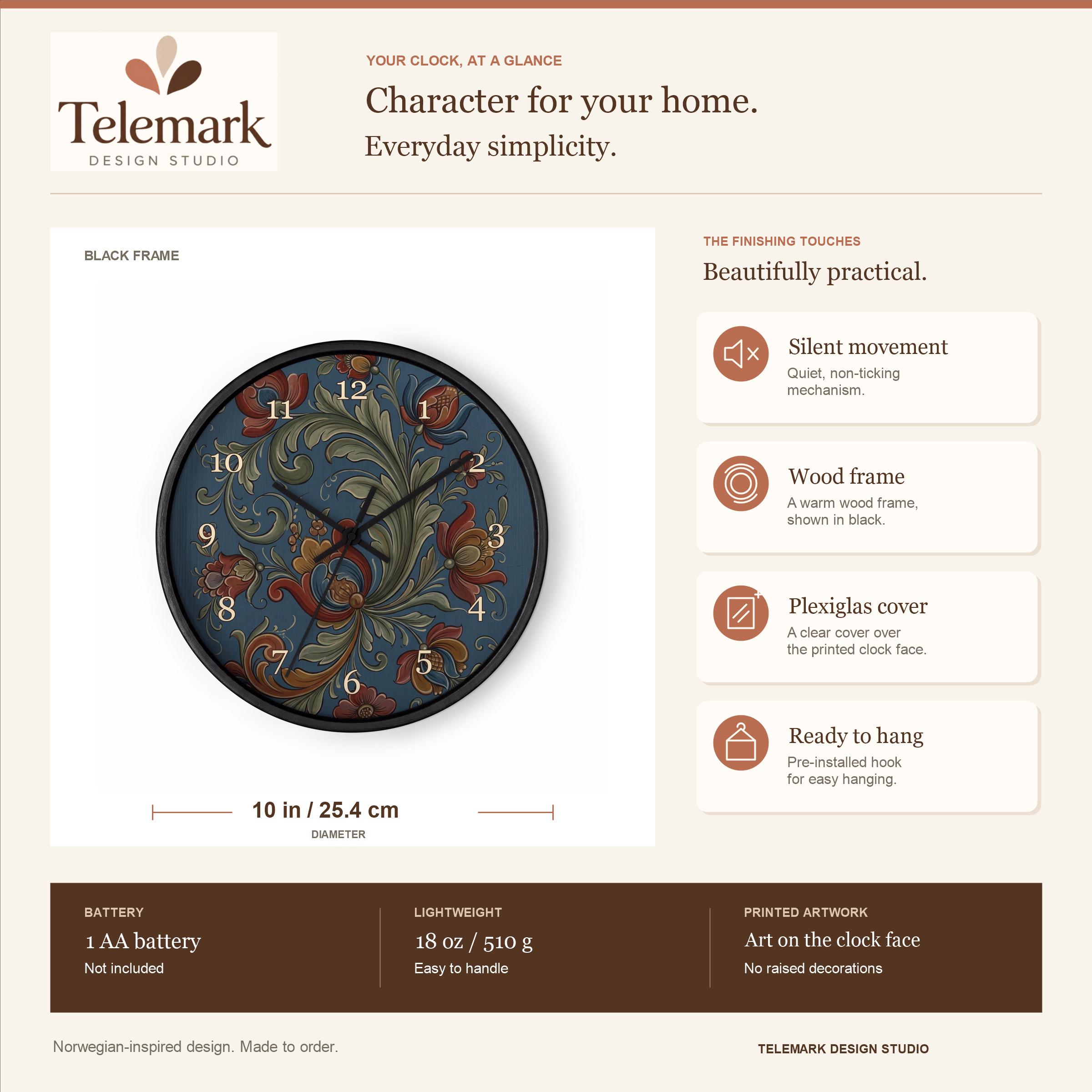 Norwegian Rosemaling - Sage Green Scrolls on Blue — size, materials, battery and hanging information (English).