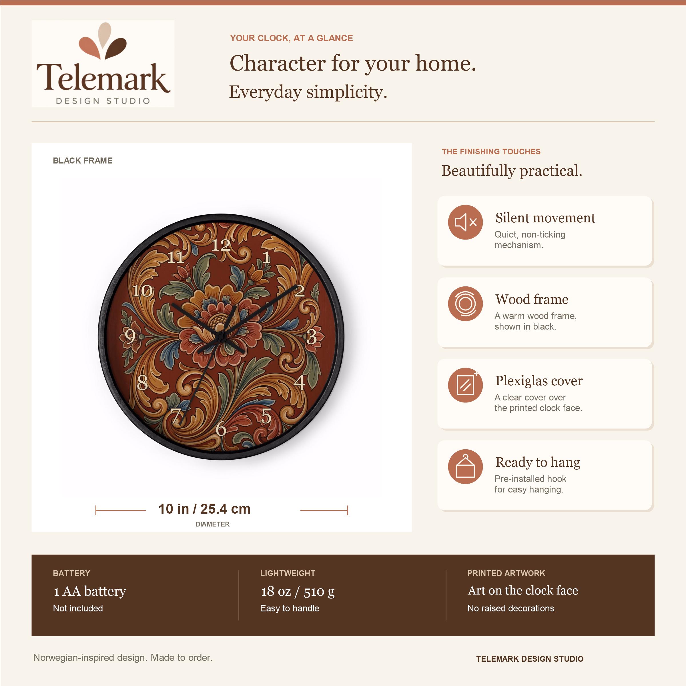 Norwegian Rosemaling - Golden Scrolls on Reddish Brown — size, materials, battery and hanging information (English).