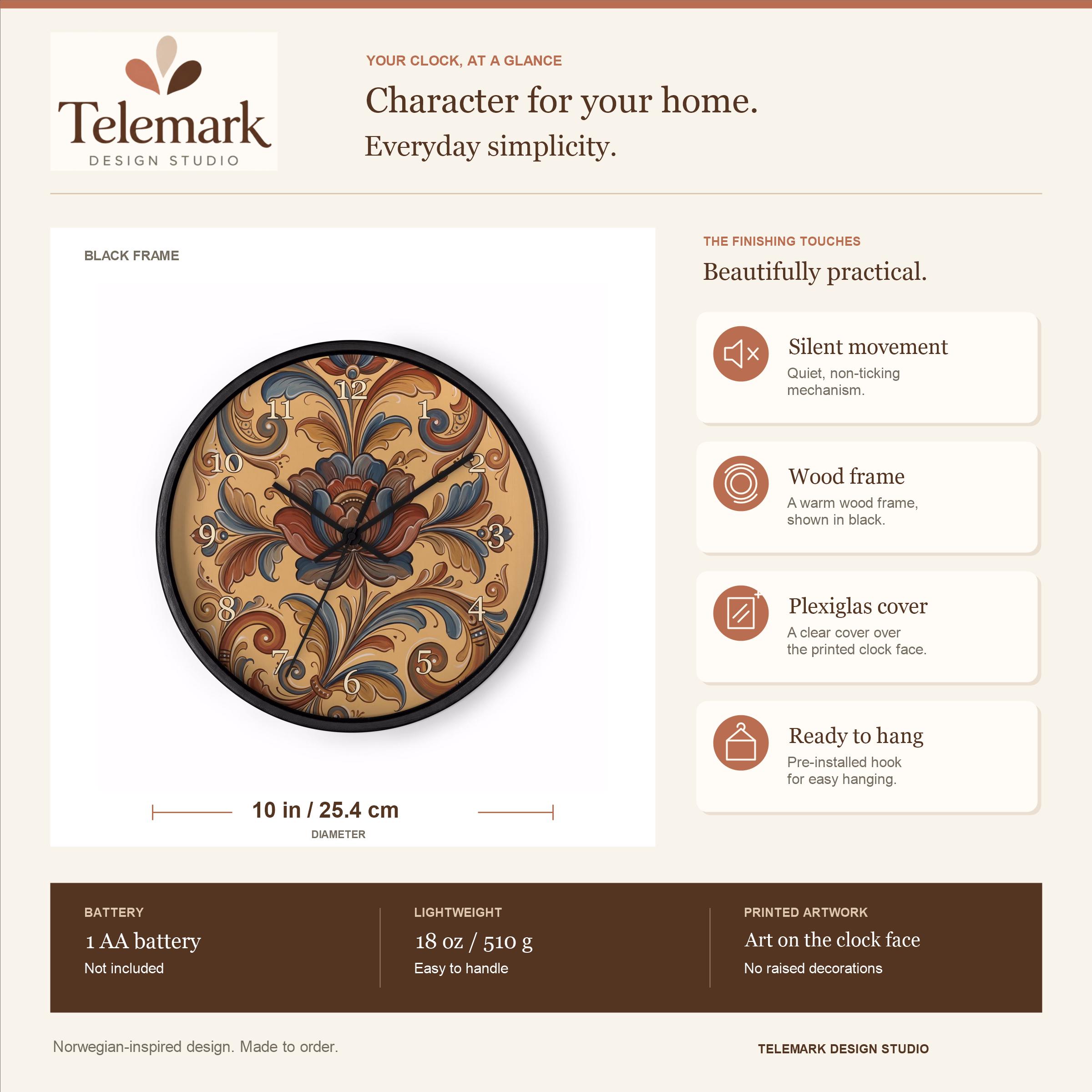 Norwegian Rosemaling - Blue and Brown Flowers on Golden Ocher — size, materials, battery and hanging information (English).