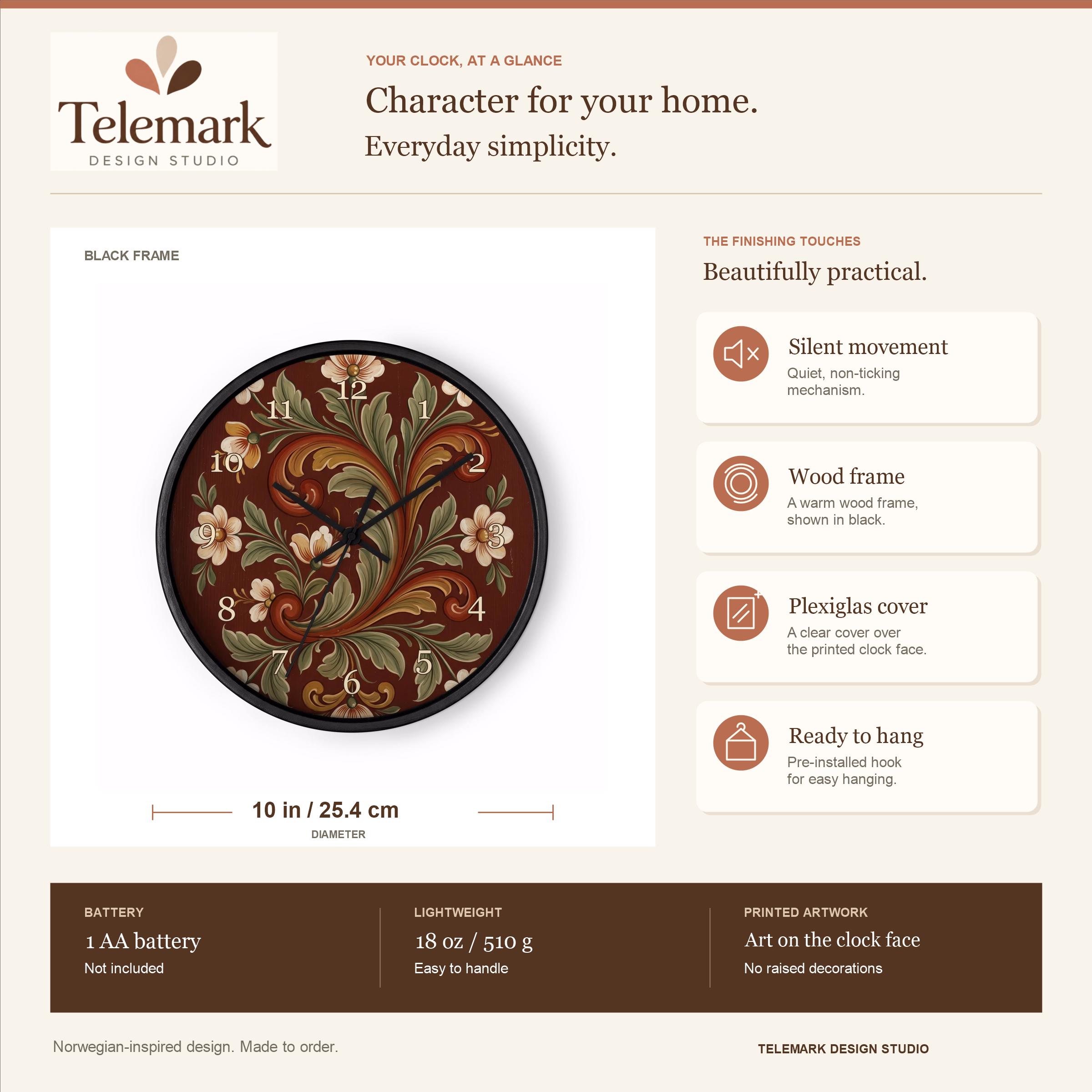 Norwegian Rosemaling - Setesdal Folk Art, Reddish Brown — size, materials, battery and hanging information (English).