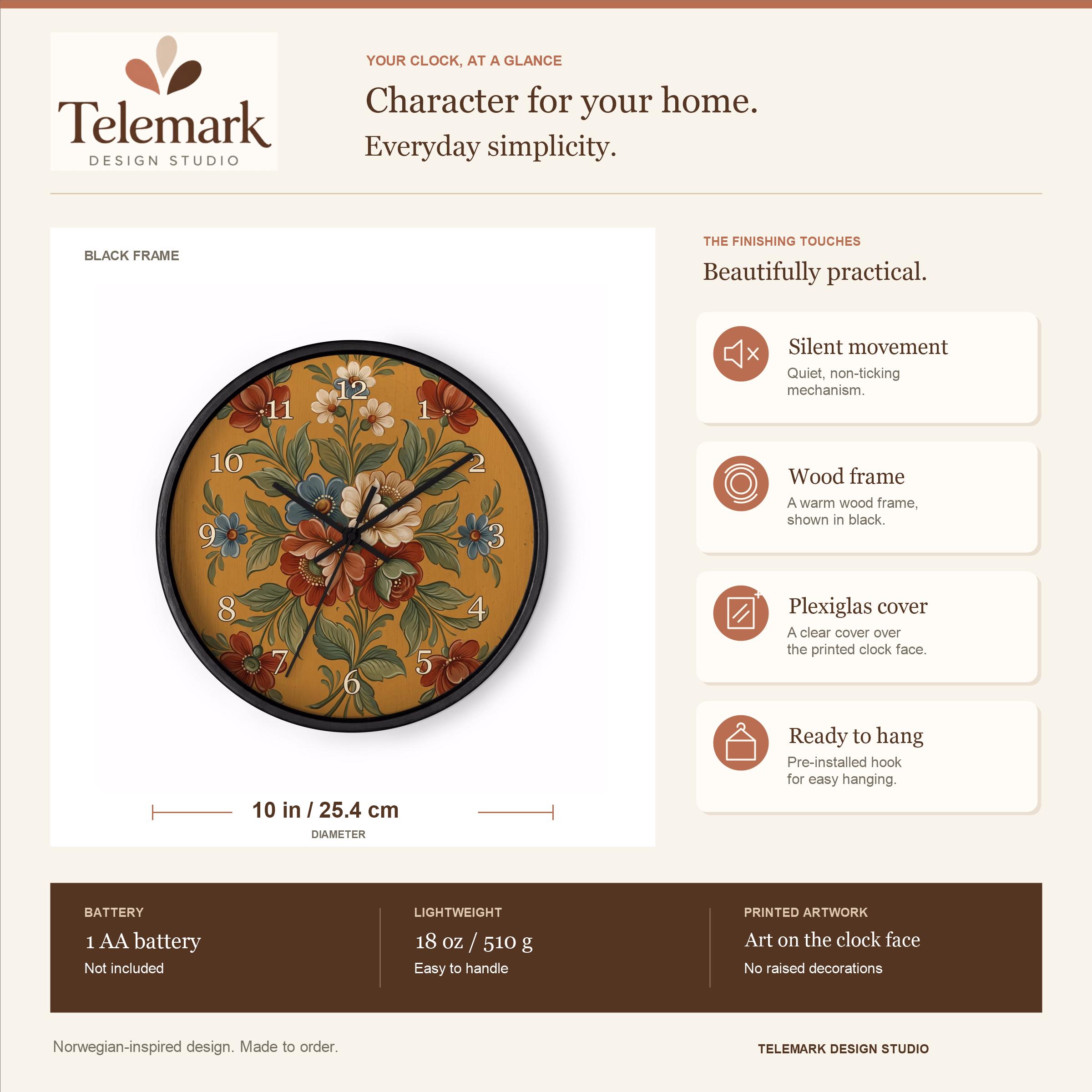 Norwegian Rosemaling - Østerdal Folk Art, Warm Ochre — size, materials, battery and hanging information (English).