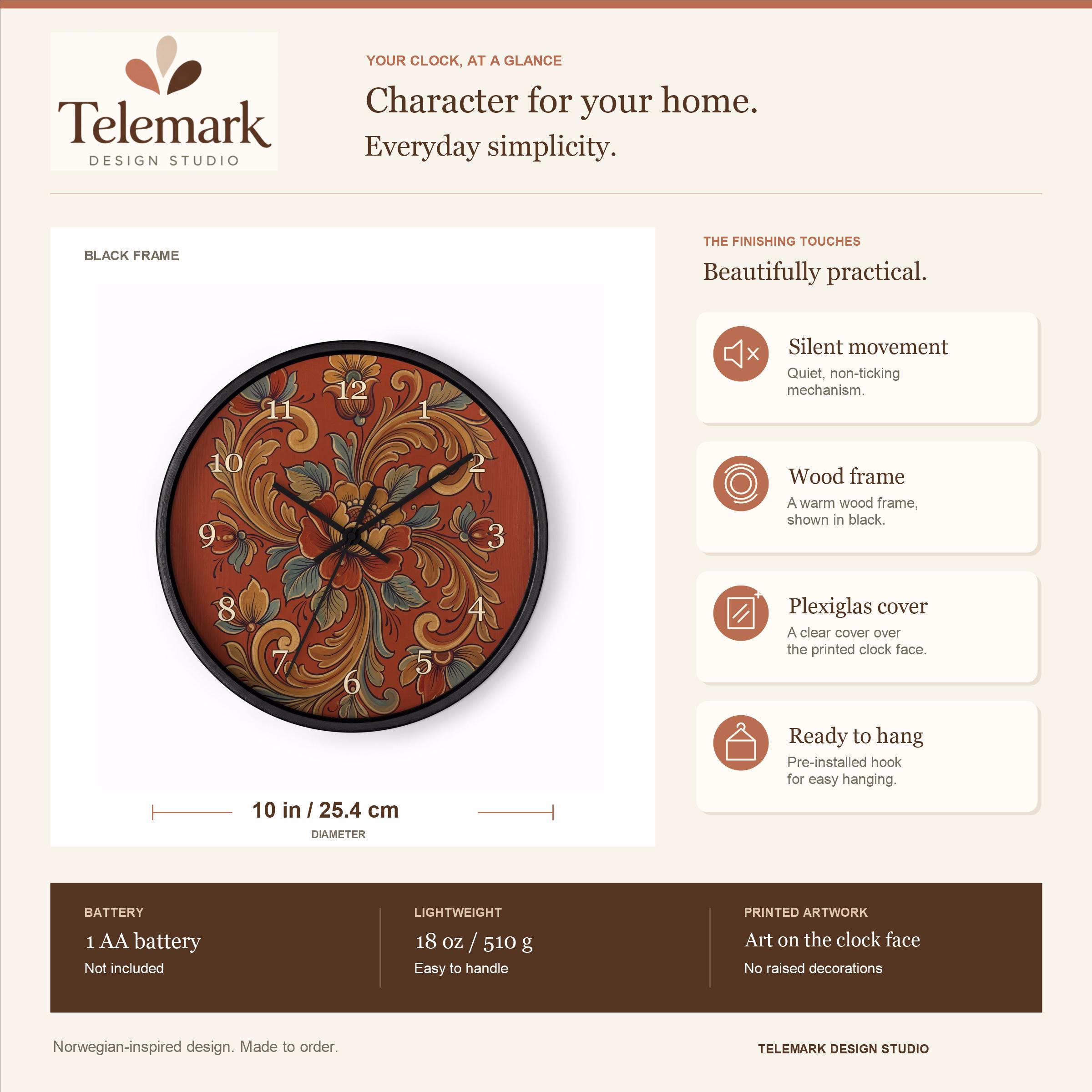 Norwegian Rosemaling - Numedal Folk Art, Red Ochre — size, materials, battery and hanging information (English).