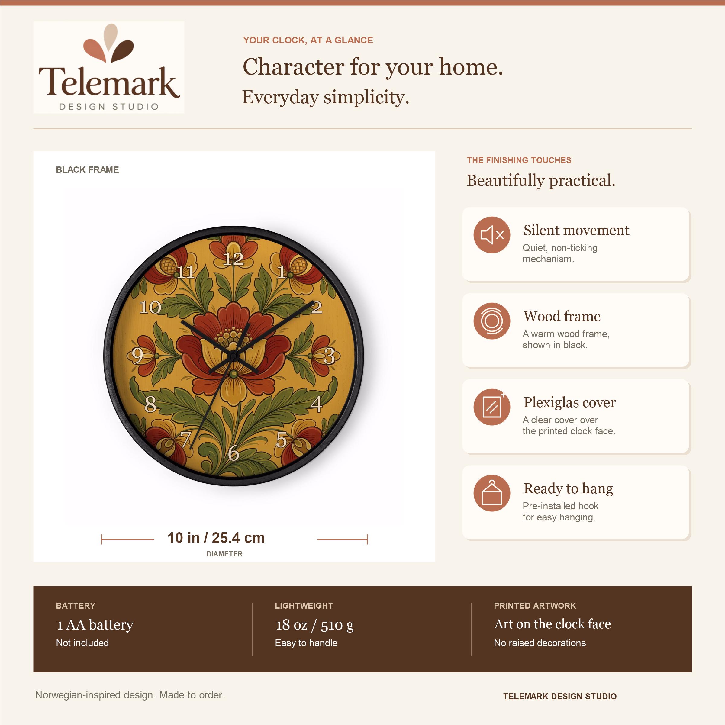 Norwegian Rosemaling - Hallingdal Folk Art, Yellow Ochre — size, materials, battery and hanging information (English).