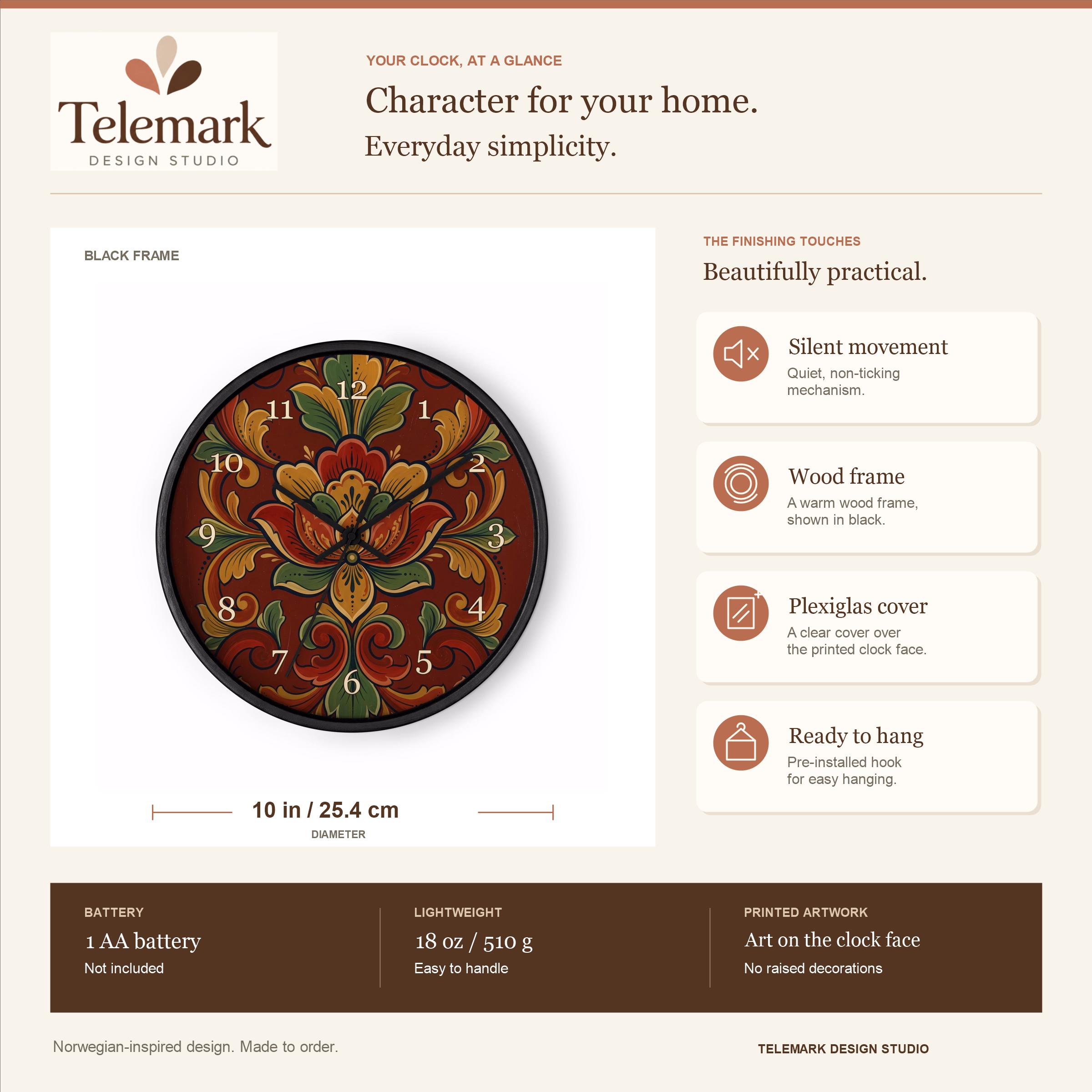 Hallingdal Rosemaling - Red Gold and Green Flowers — size, materials, battery and hanging information (English).
