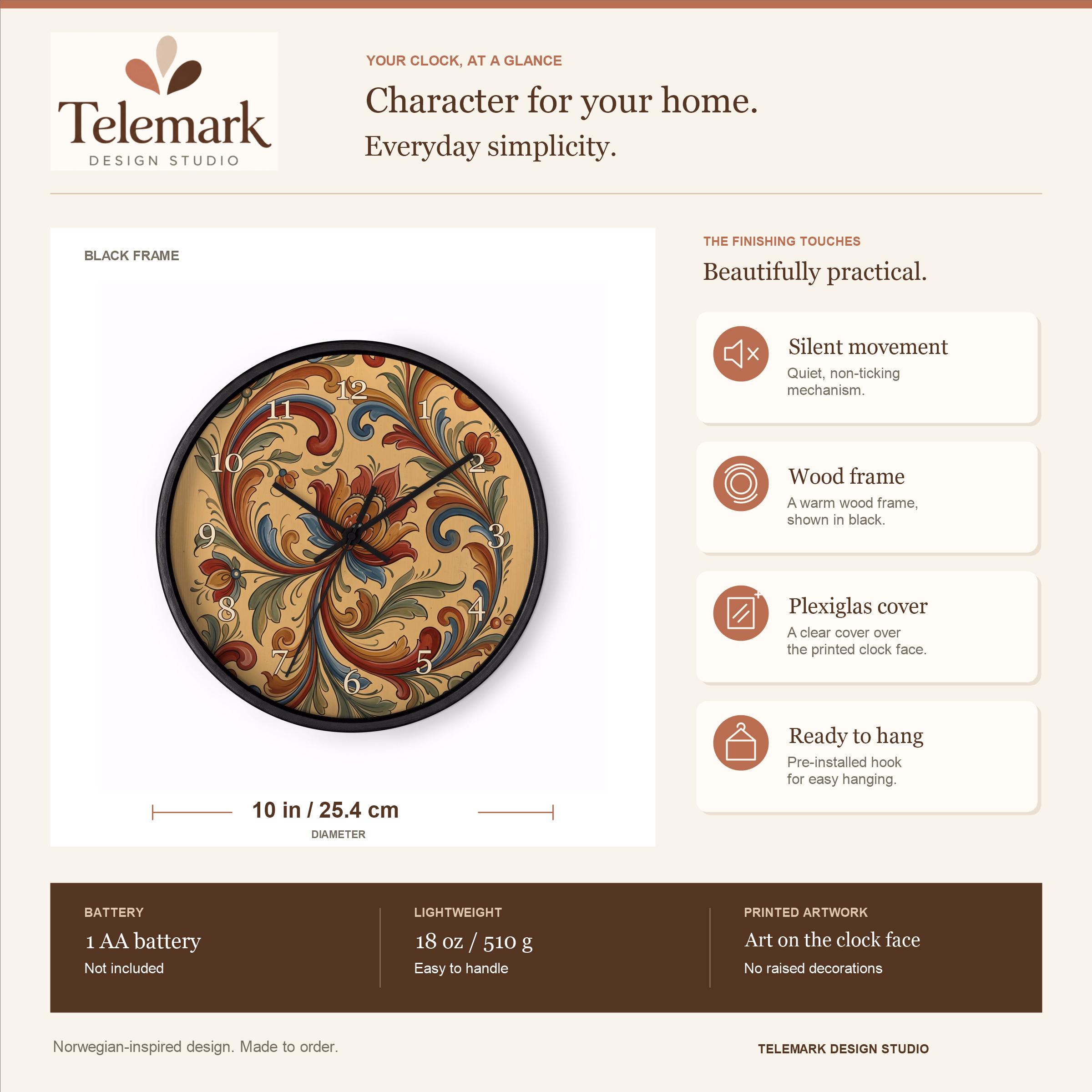 Telemark Rosemaling - Gold Red and Blue Scrolls — size, materials, battery and hanging information (English).