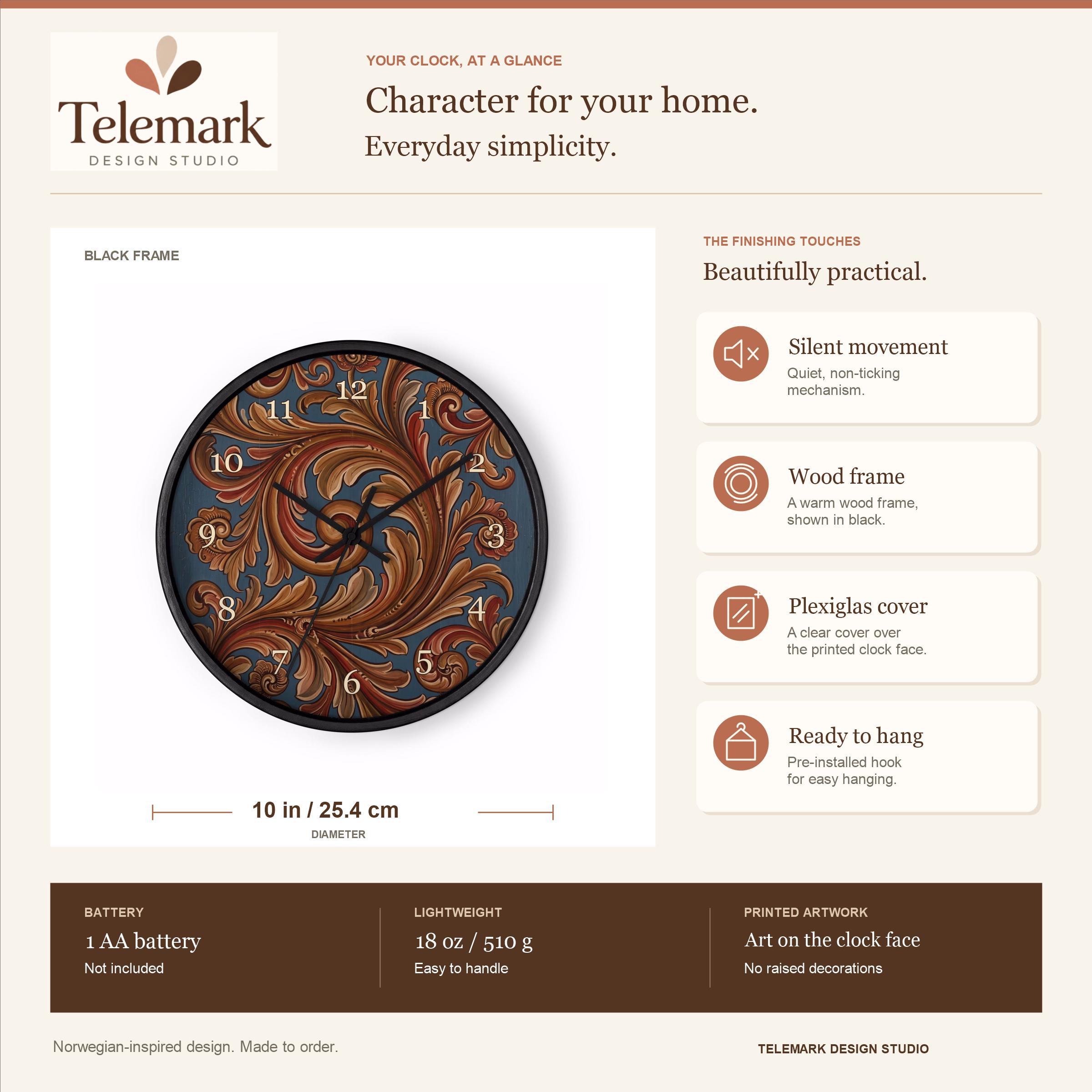 Norwegian Rosemaling - Gudbrandsdal Folk Art, Muted Blue — size, materials, battery and hanging information (English).