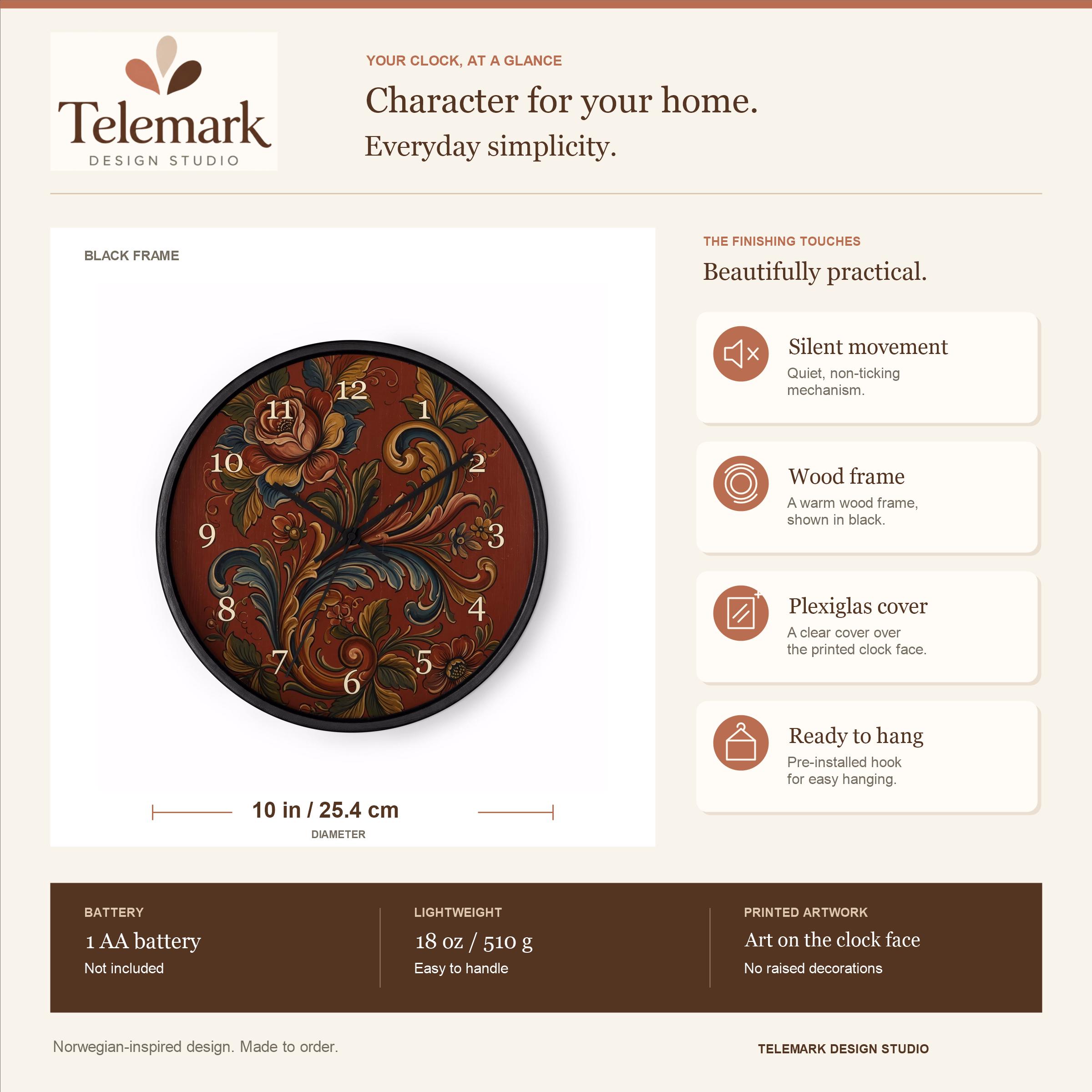 Norwegian Rosemaling - Oppdal Folk Art, Reddish Brown — size, materials, battery and hanging information (English).