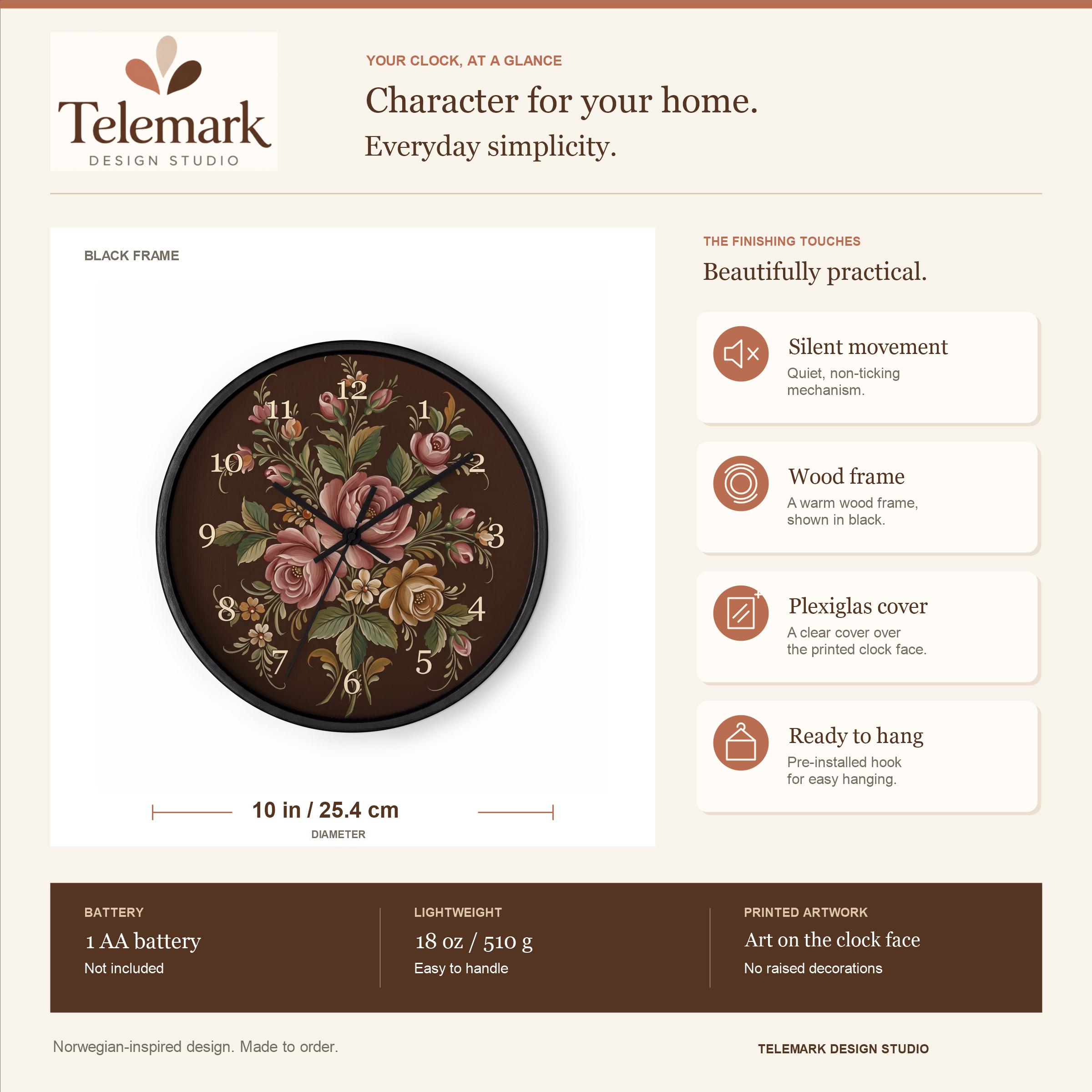 Valdres Rosemaling - Pink Roses on Dark Brown — size, materials, battery and hanging information (English).