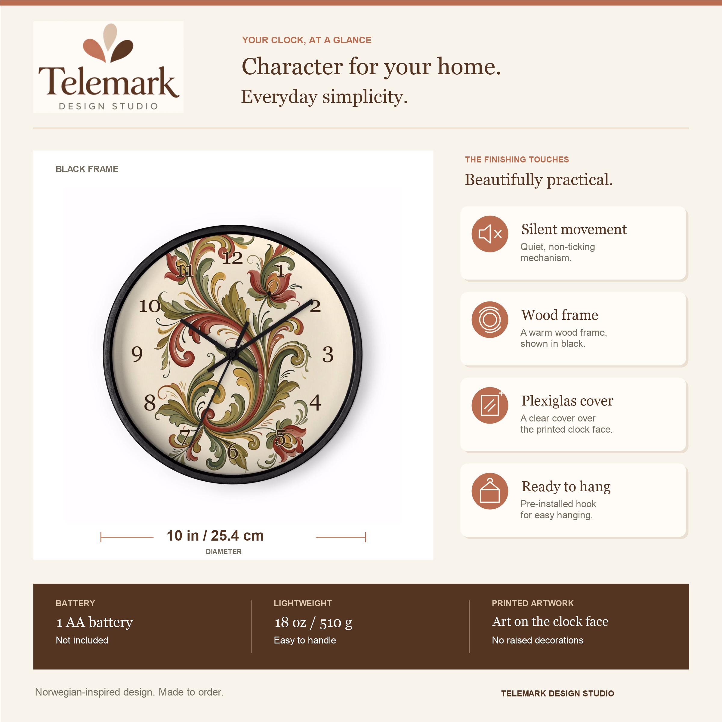 Norwegian Rosemaling - Cream Red and Green Folk Art — size, materials, battery and hanging information (English).