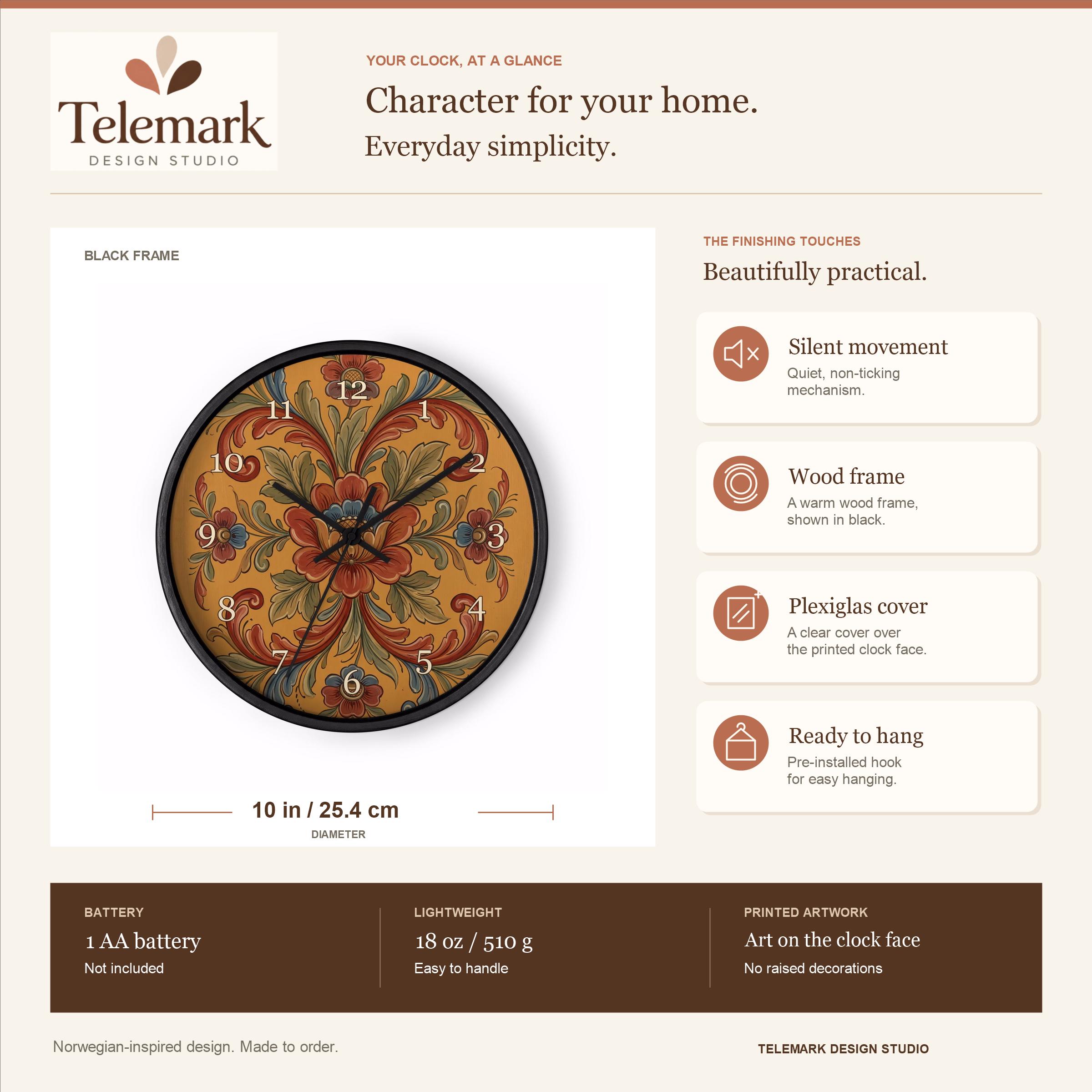 Romsdal Rosemaling - Ochre Red and Blue Floral Art — size, materials, battery and hanging information (English).