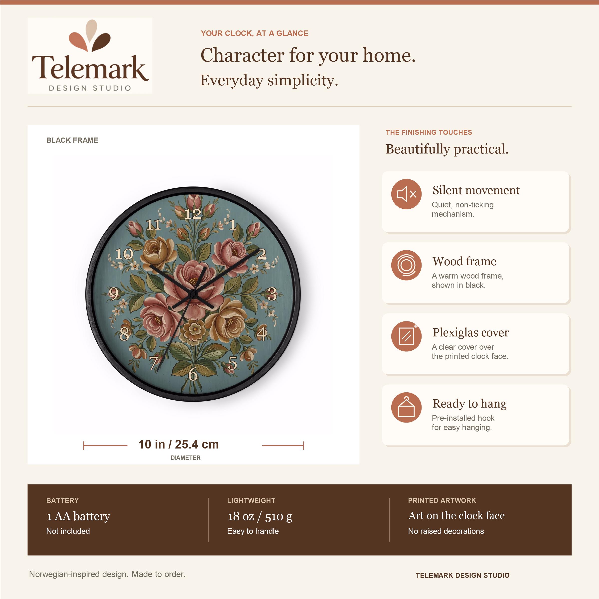 Valdres Rosemaling - Pink Roses on Blue Green — size, materials, battery and hanging information (English).