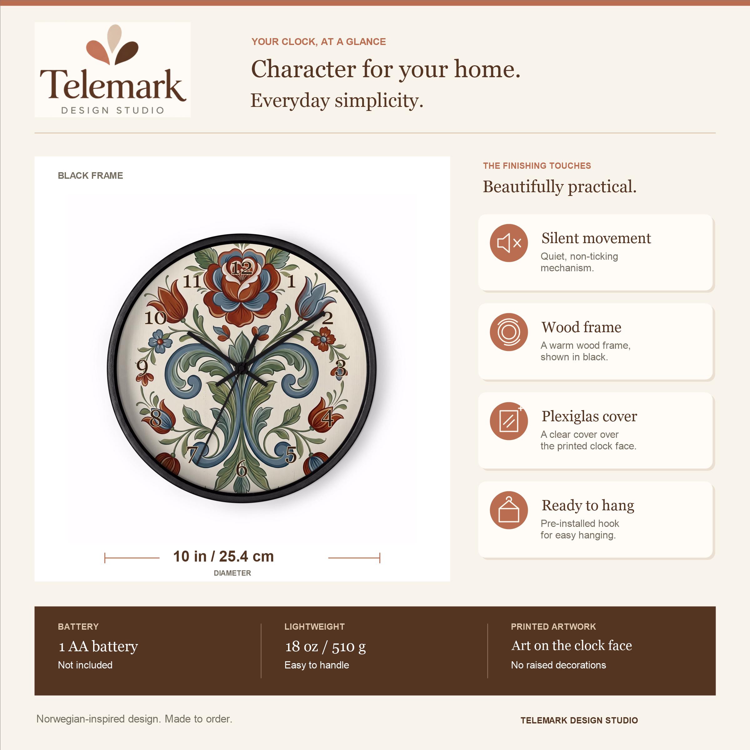Ryfylke Rosemaling - Cream Red and Blue Flowers — size, materials, battery and hanging information (English).