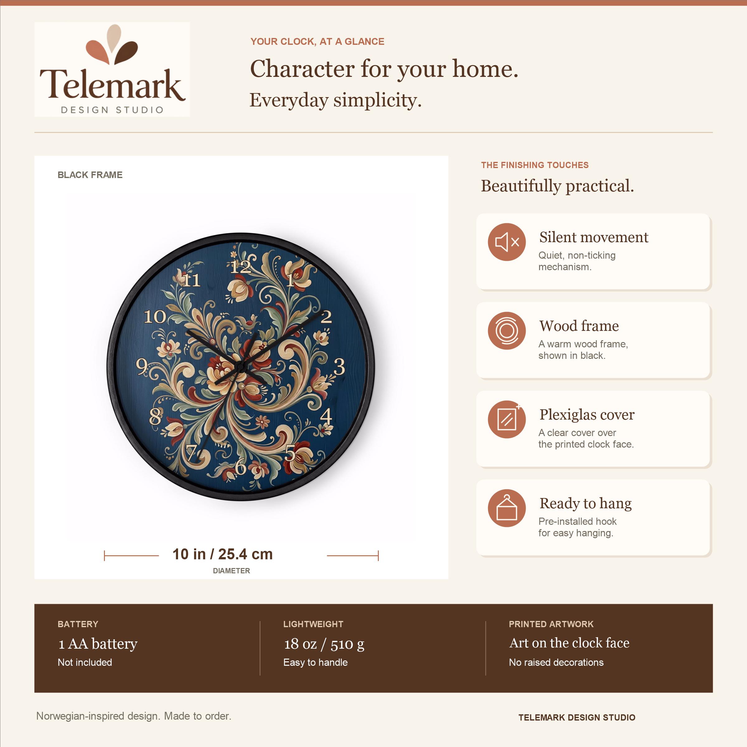 Norwegian Rosemaling - Blue and Cream Floral Folk Art — size, materials, battery and hanging information (English).