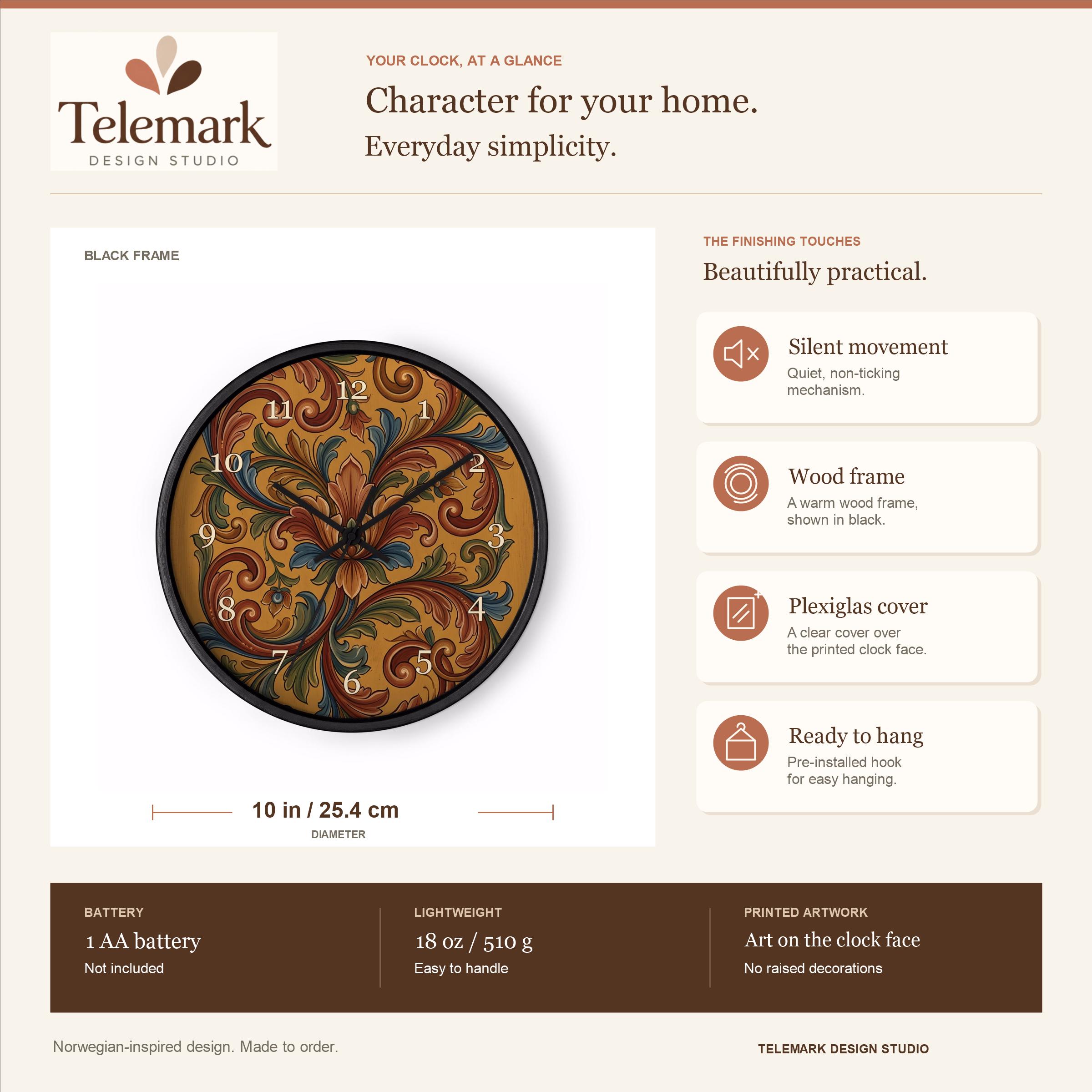 Gudbrandsdal Rosemaling - Ochre Floral Scrolls — size, materials, battery and hanging information (English).