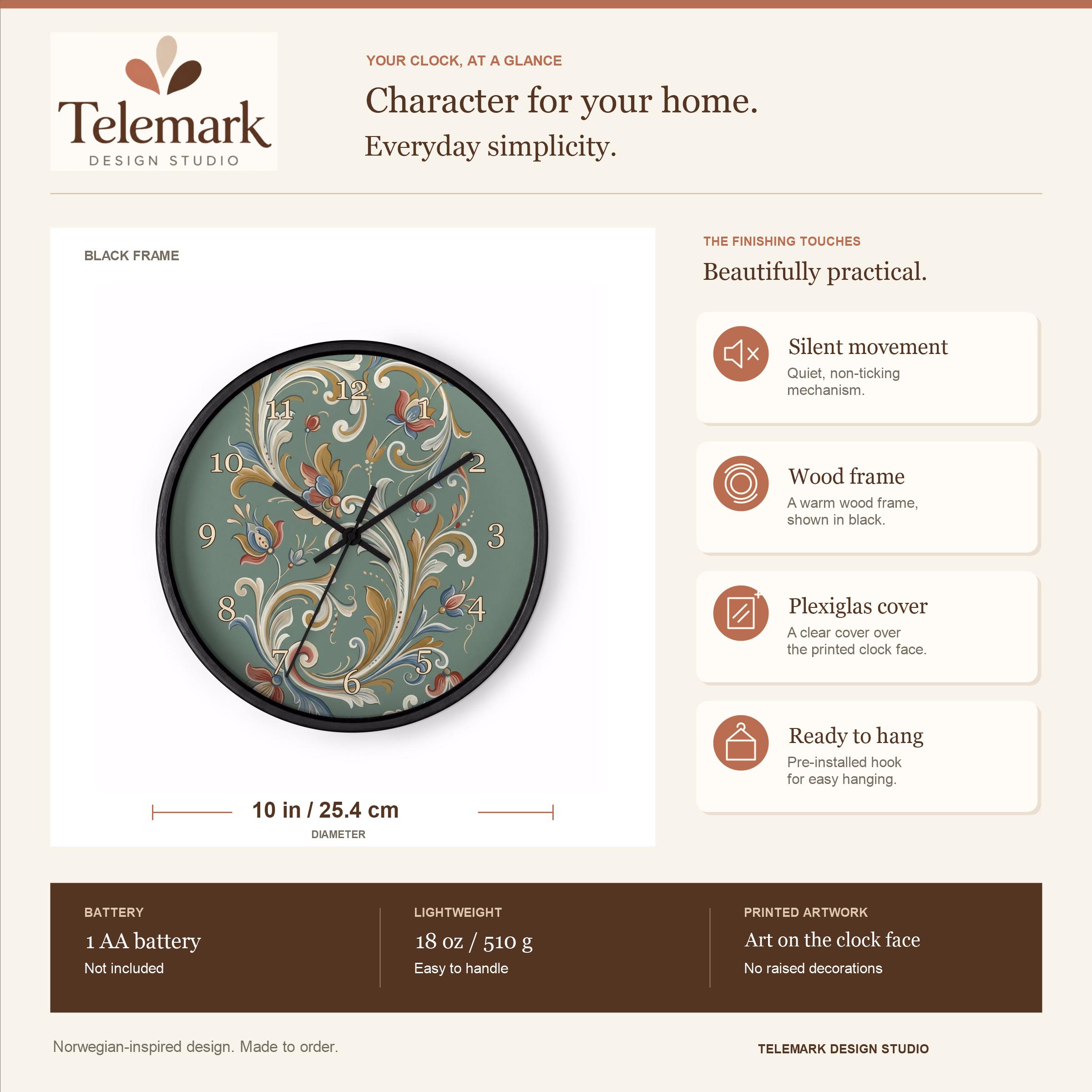 Norwegian Rosemaling - Sage Green Floral Folk Art — size, materials, battery and hanging information (English).