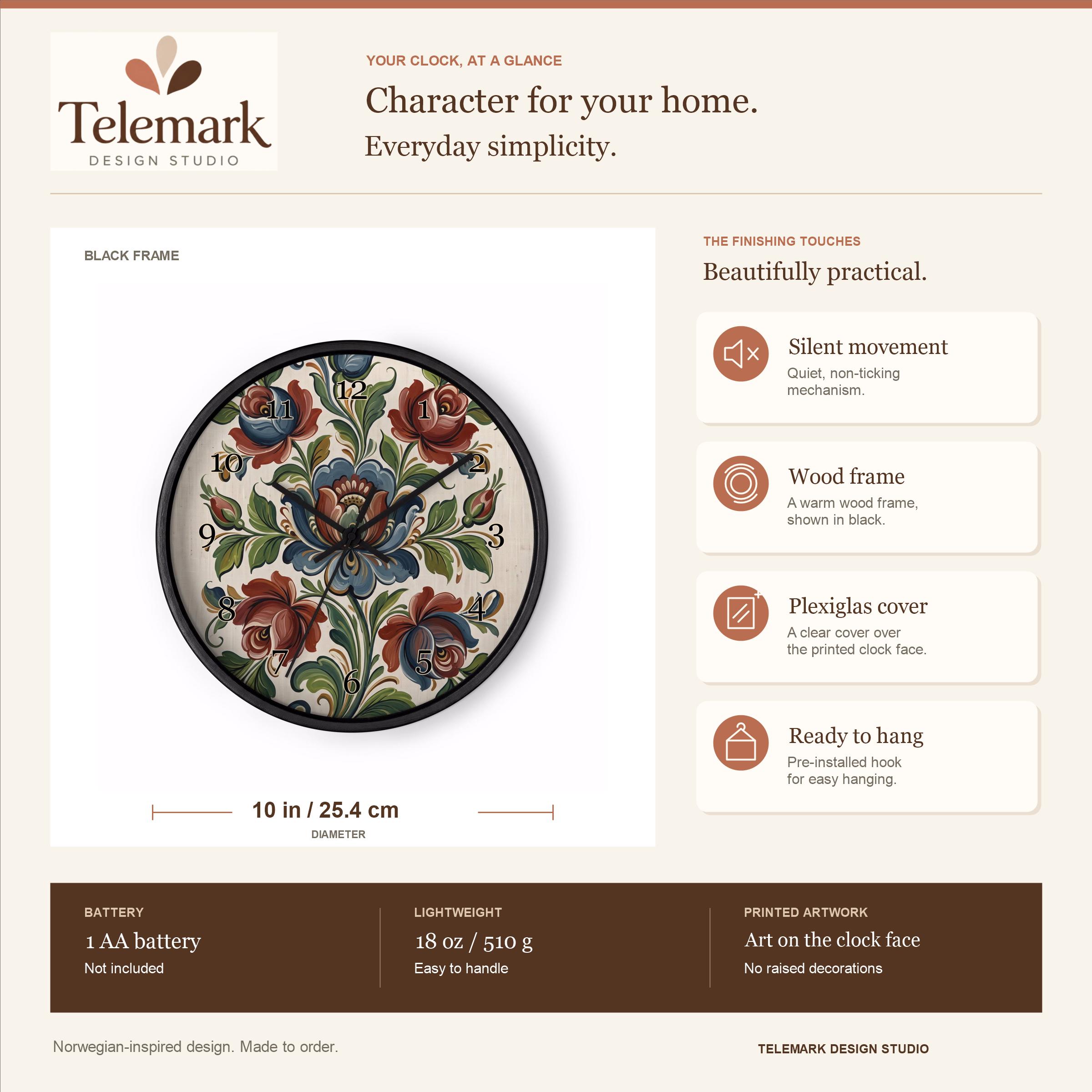 Classic Norwegian Rosemaling — size, materials, battery and hanging information (English).