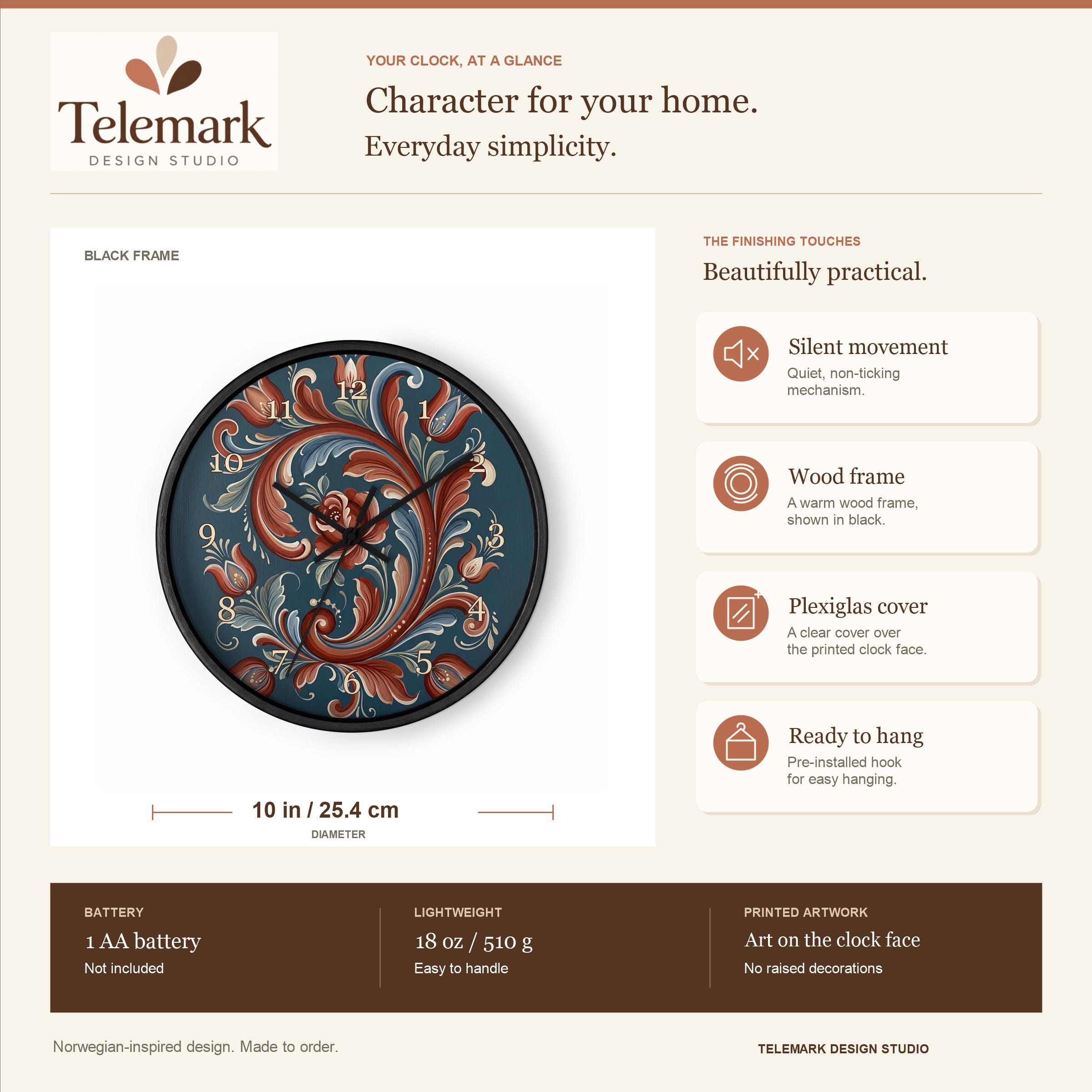 Telemark Rosemaling - Blue and Red Norwegian Folk Art — size, materials, battery and hanging information (English).