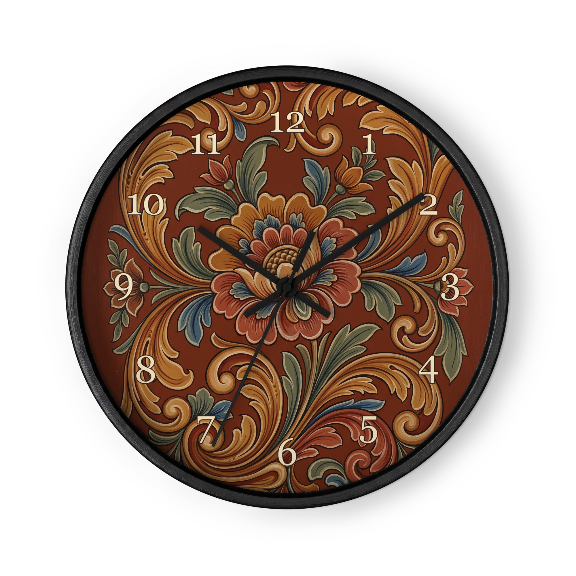 Norsk rosemaling - Gylne slynger på rødbrun bunn