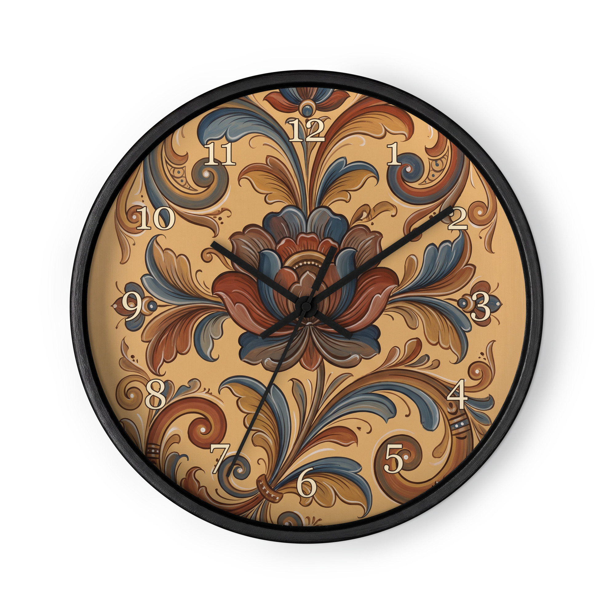 Norsk rosemaling - Blå og brune blomster på gyllen oker
